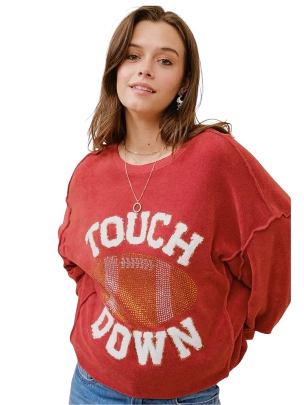 NEW blue b Touchdown Burnt Orange Terry Rhinestone Football Game Day Sweatshirt